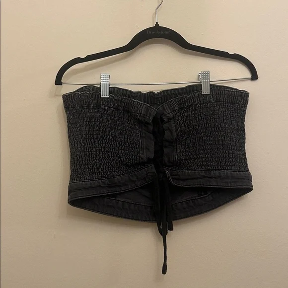 Tricia Fix Re-Nuuly Embellished Corset Top Black US 8 Tie-Up Back Strapless Stud - Picture 2 of 4